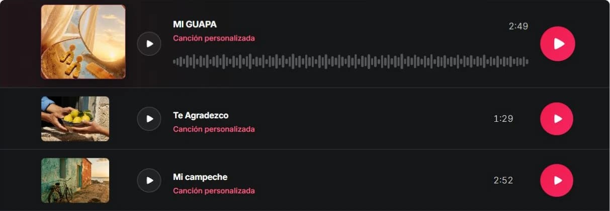 Reproductor público de Regala una Canción con ejemplos grabados, controles para repetir la escucha y duración de cada canción.
