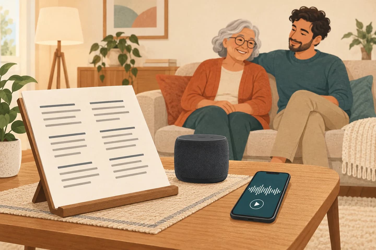 Ilustración de una abuela y su nieto escuchando juntos en una sala tranquila, con la letra ampliada en un atril, una bocina cercana y el audio en un teléfono.