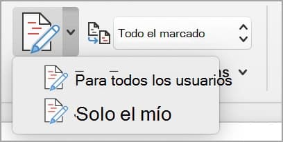 Menú de control de cambios de Word con la opción de registrar las modificaciones de todos los usuarios.