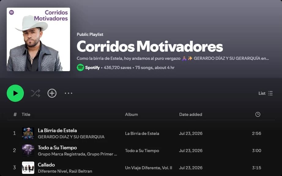 Lista editorial Corridos Motivadores en Spotify con canciones, intérpretes y duraciones visibles.