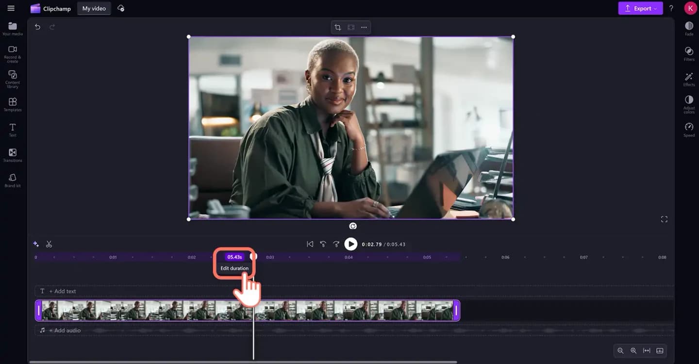 Captura oficial de Clipchamp con un clip seleccionado y su contador Edit duration destacado para ajustar con precisión el tiempo de cada elemento del montaje.