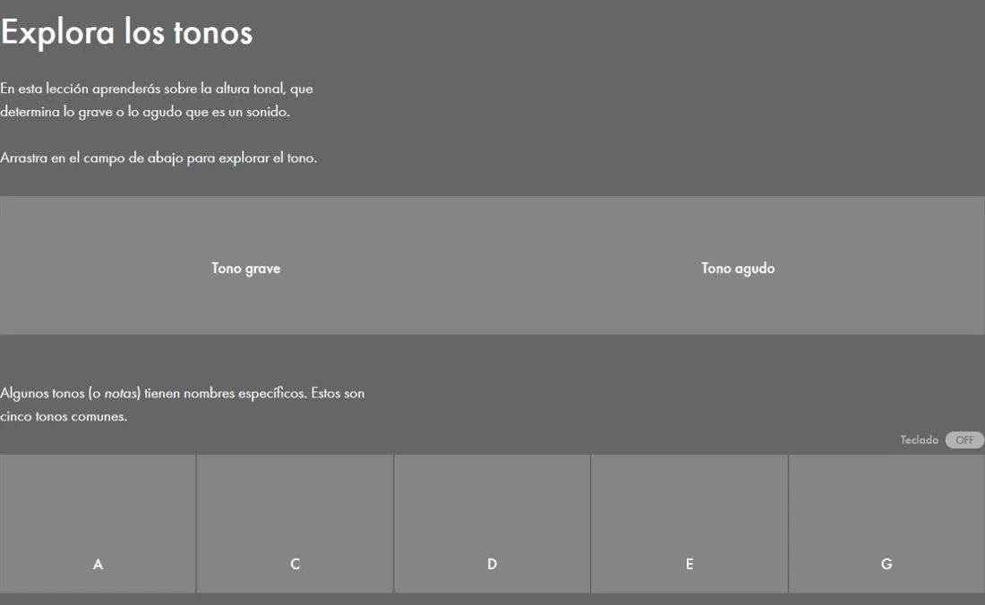 Ejercicio de Ableton en español que sitúa los tonos graves a la izquierda y los agudos a la derecha, con cinco notas para escuchar diferencias de altura.