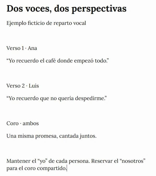 Ejemplo ficticio escrito por el equipo en ZenPen: Ana narra el primer verso, Luis el segundo y ambos comparten el coro.