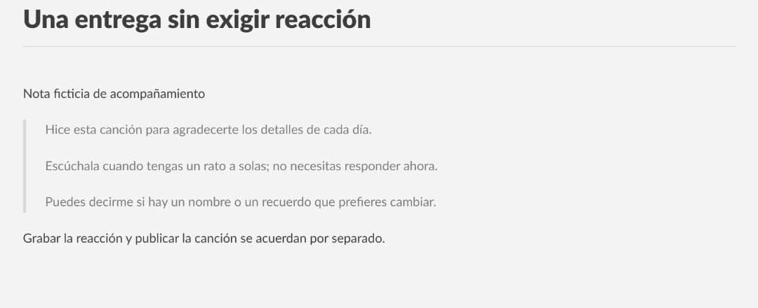 Nota ficticia que invita a escuchar a solas y responder después, permite señalar un detalle que incomoda y separa los permisos de grabar la reacción y publicar.