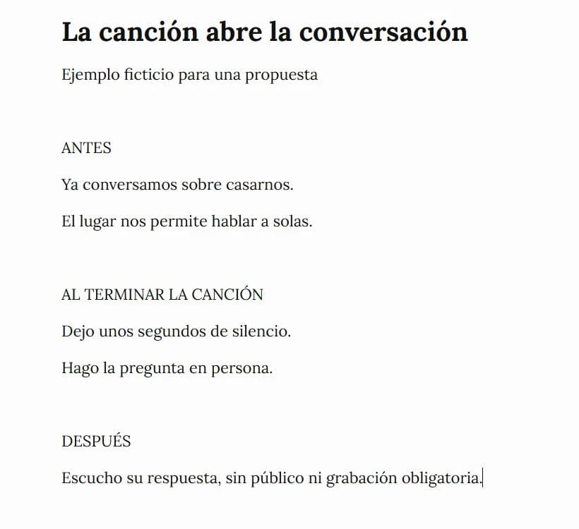 Secuencia ficticia preparada en ZenPen para una propuesta con canción: conversación previa, silencio al terminar el audio, pregunta en persona y espacio para escuchar la respuesta.