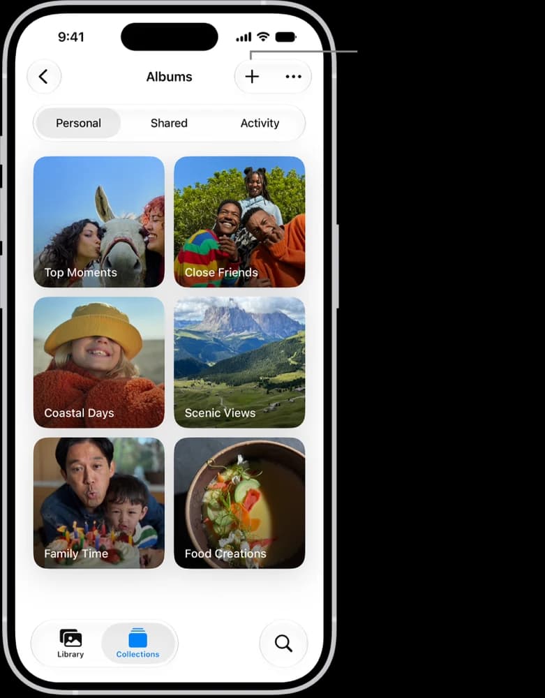 Interfaz oficial de Fotos de Apple con álbumes organizados por experiencias, amistades y familia, un ejemplo de selección de recuerdos para un regalo digital.