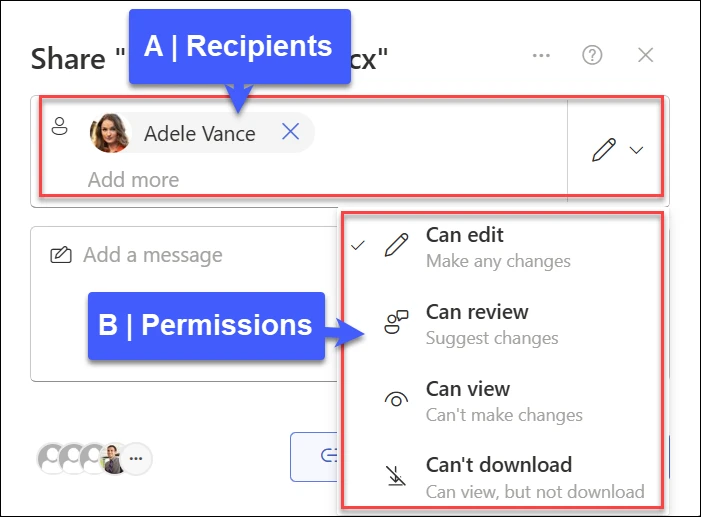 Demostración oficial de SharePoint que distingue destinatarios de los permisos de editar, revisar, ver y bloquear descarga.