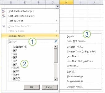 Captura del soporte de Excel con el buscador, las casillas para elegir valores y las condiciones de un filtro; utiliza números del ejemplo de Microsoft.