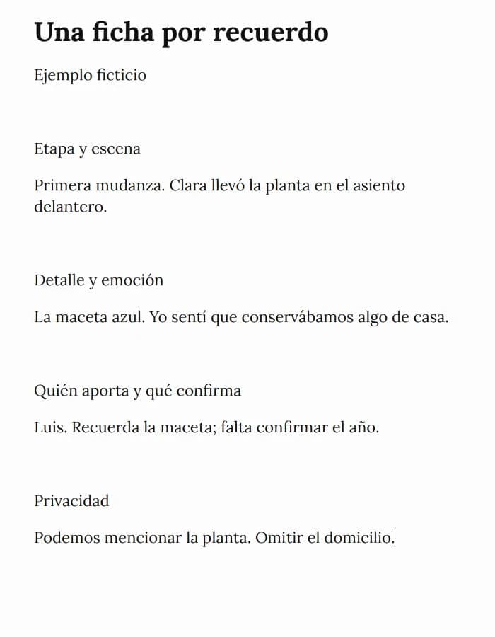 Ficha ficticia de un recuerdo de mudanza con etapa, acción, maceta azul, emoción de Luis, año pendiente de confirmar y permiso para mencionar la planta sin revelar el domicilio.
