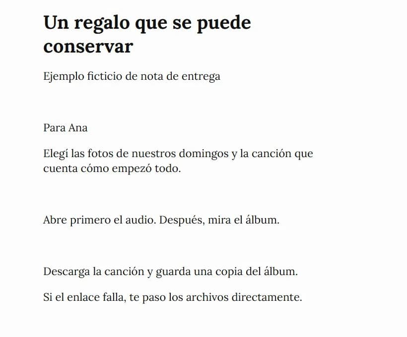 Nota ficticia preparada en ZenPen que explica por qué se eligió un regalo digital, qué abrir primero y cómo conservar sus archivos.