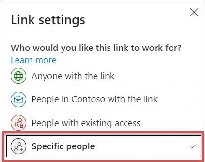 Demostración oficial de Microsoft con Specific people seleccionado en los ajustes de un enlace de OneDrive, para elegir personas concretas al compartir un archivo.